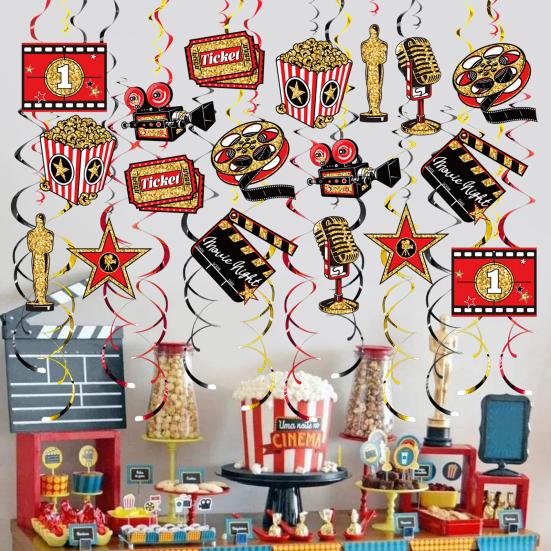 48 Pcs Movie Night Hanging Swirls Decorations Foil Swirls Ceiling Hanging Decor Film Backdrop for Movie Theme Party Supplies