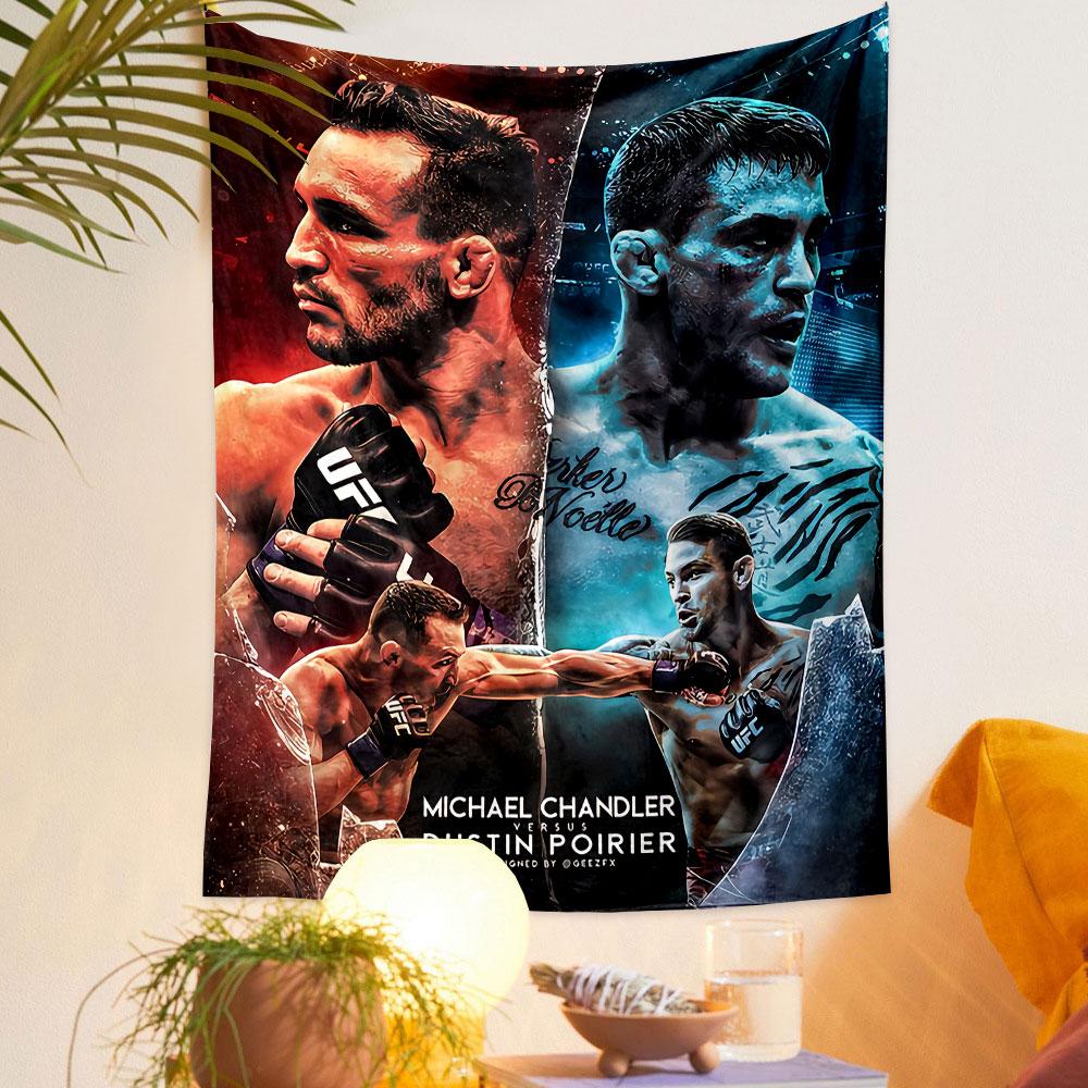 Split design featuring two fighters with red and blue-themed backgrounds. Patterned tapestry for bedroom and living room home decor