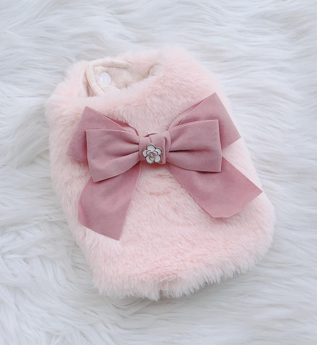 

Платье для собак и кошек, жилет из искусственного меха и банта, пальто для щенков, куртка, зимняя одежда, наряд XS розовый