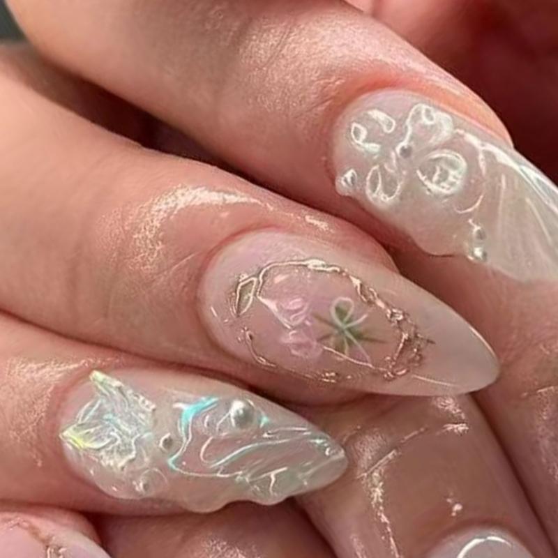 24 Pcs 3D Flower Artificial Nail Medium Almond Full Cover False Nail Bows Stick On Nail Butterfly Press On Nail