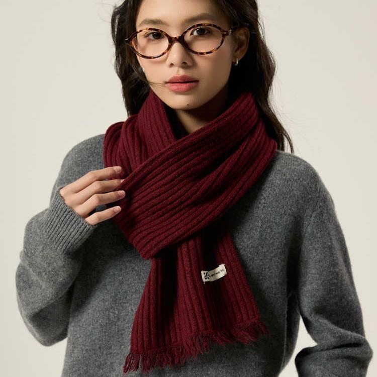 Solid Color Pit Strip Raw Edge Knitted Warm Scarf Female Soft Glutinous Scarf