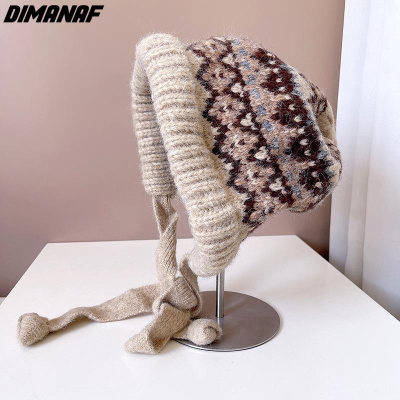

DIMANAF 2024 Зимняя женская шапка вязаная шерстяная подкладка шапка толстая теплая One Size бежевый