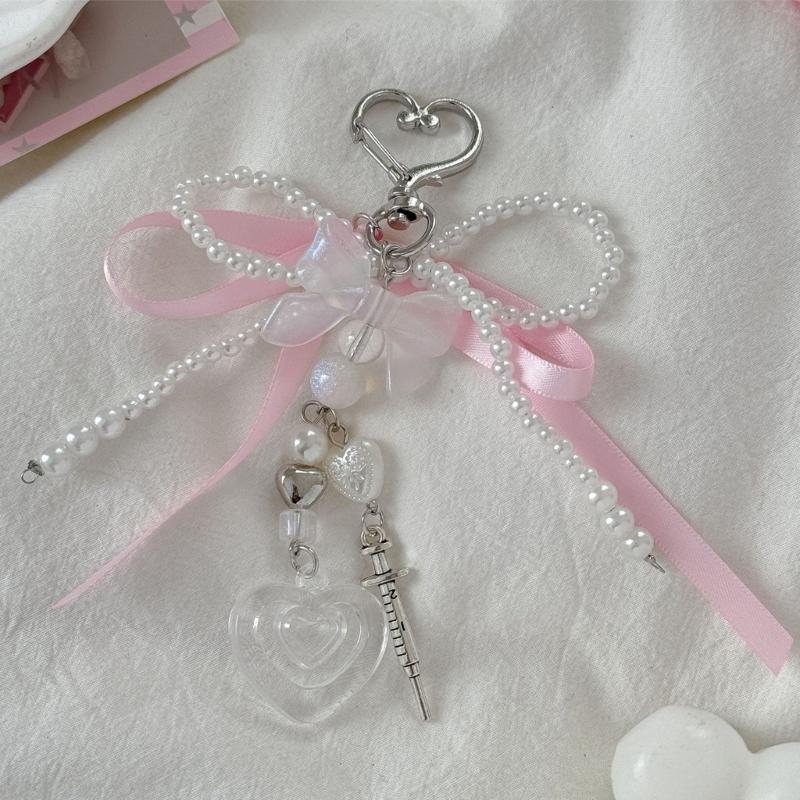 Fashionable Faux Pearls Bowtie Charm Stylish Bowknot Ribbon Keychain Bag Ornament Jewelry for Purses and Accessories
