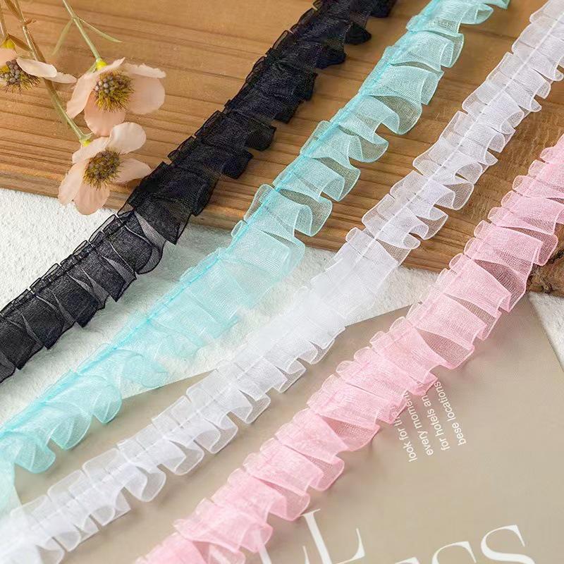 2cm White Powder Blue & Black Wrinkled Fungus Lace Gauze for DIY Bag, Toy, and Clothing Decoration