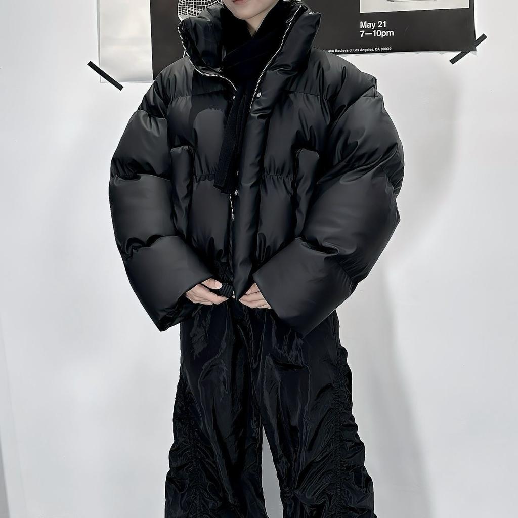 Men's and Women's Vintage PU Leather Puffer Jacket Short Quilted Coat American Retro Stand Collar Unisex Couple Outerwear