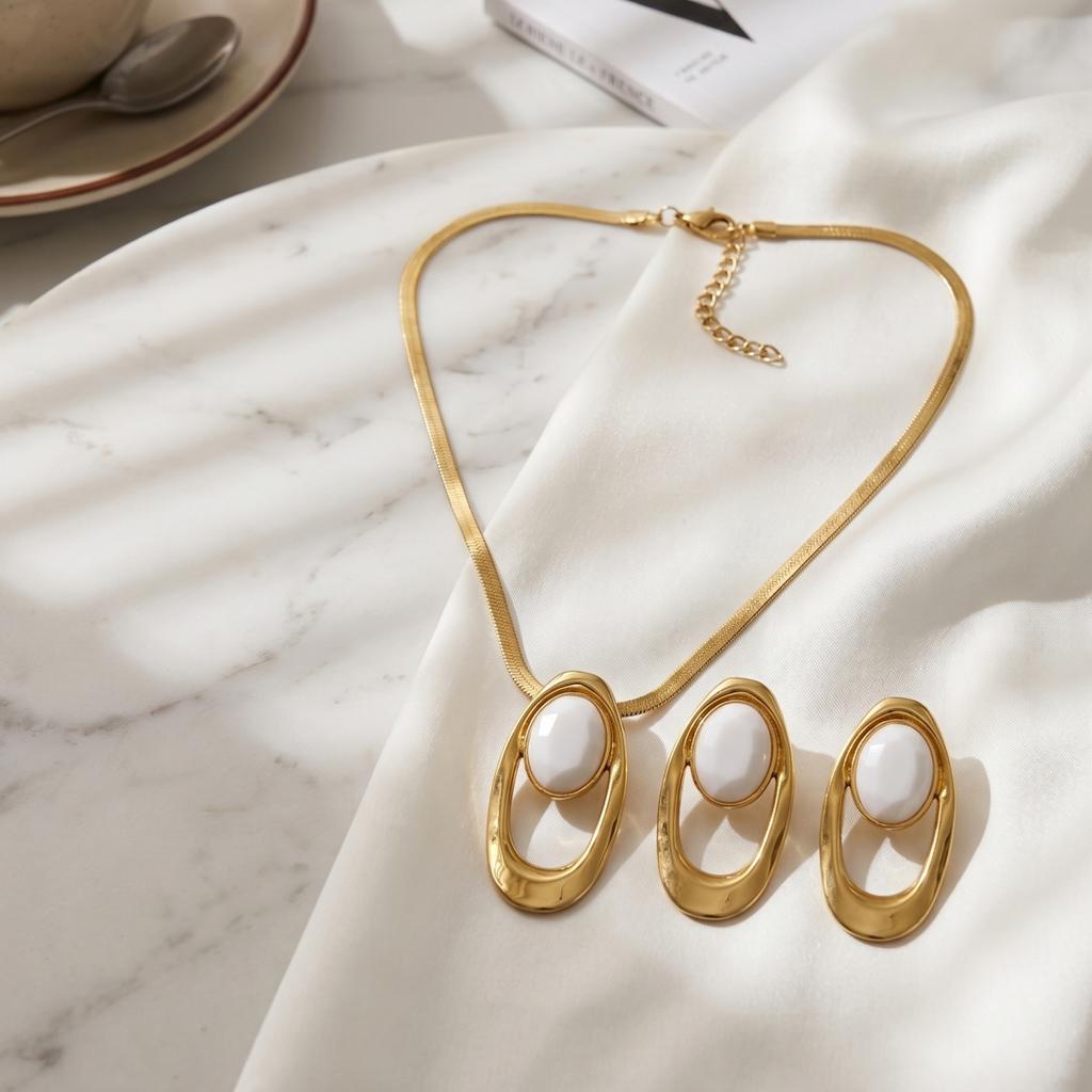Trendy Gold White Resin Stone Jewelry Set Oval Pendant Herringbone Necklace & Drop Earrings For Women Daily & Bridal Wear