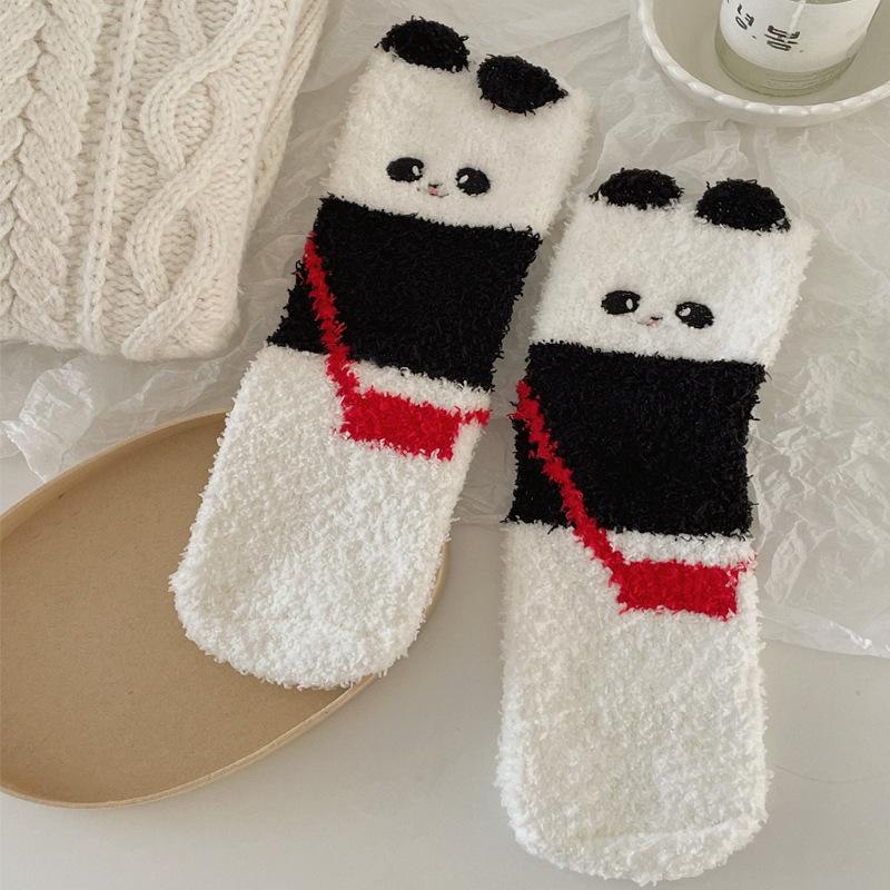 Autumn and Winter Coral Fleece Socks for Women's Home, Cute and Fluffy Panda Thickened Warm Sleep Socks, Floor Socks, Mid-calf Socks