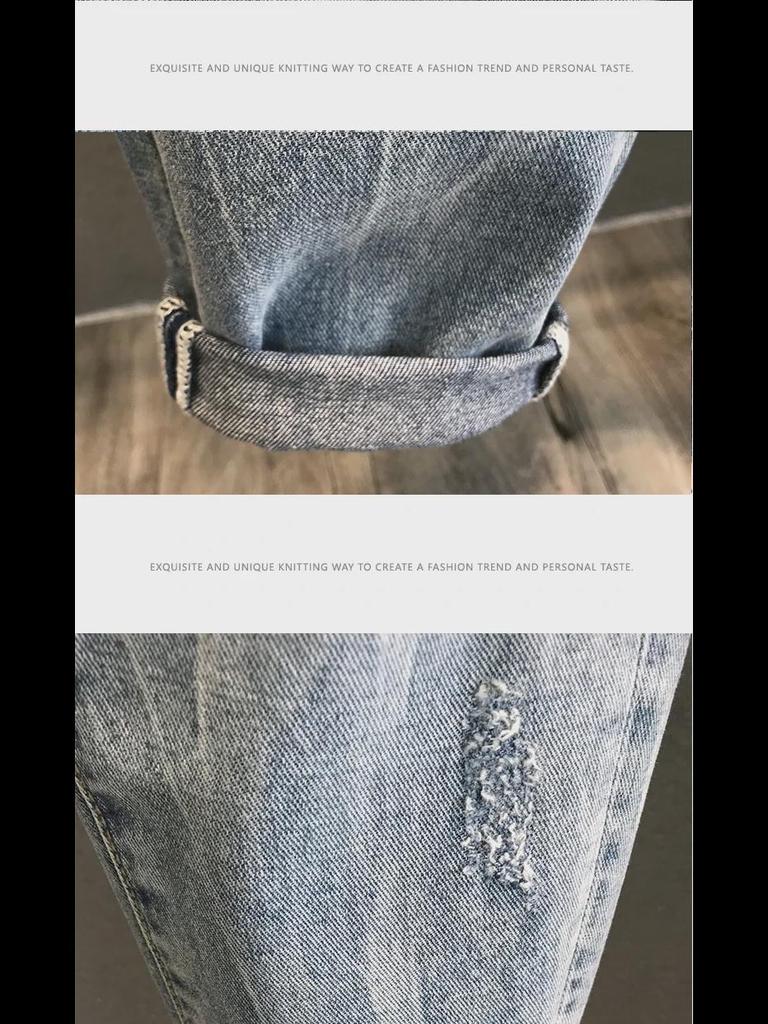 Męskie, luźne, obcisłe jeansy koreańskie z rozdarciami i szerokością 9 punktów.