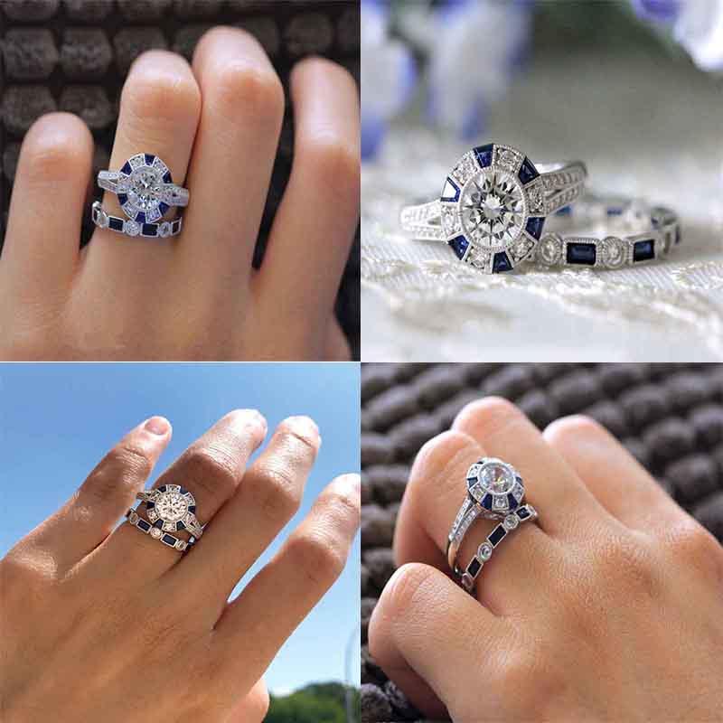 Elegante Zilveren Bruiloft Ringenset Met Natuurlijke Blauwe Saffier En Witte Topaas Voor Bruiden