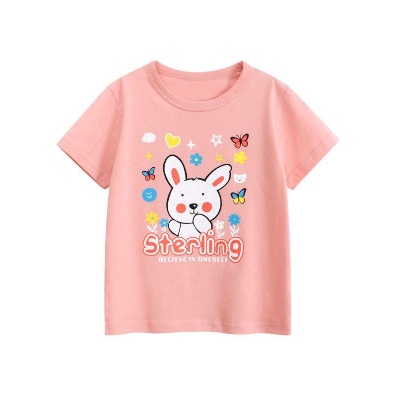 27Home Korean Brand Children's Clothing Summer Style Girls' Pure Cotton Short-Sleeved T-Shirt Cartoon Rabbit Print Kidsren's Clothing