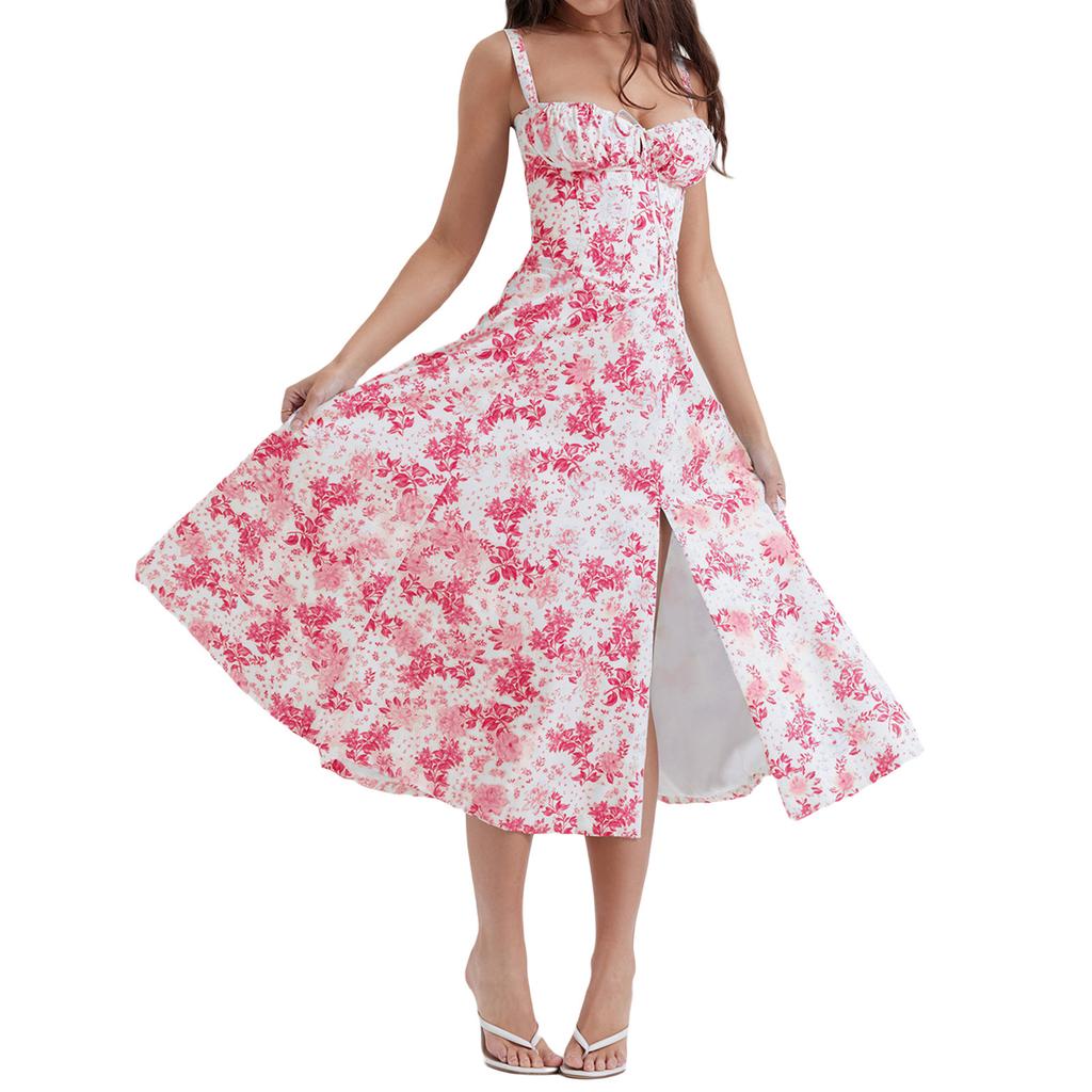 Women's Summer Dress Sexy Sleeveless Spaghetti Straps A-Line Midi Dress Side Slit Boho Holiday Beach Dresses