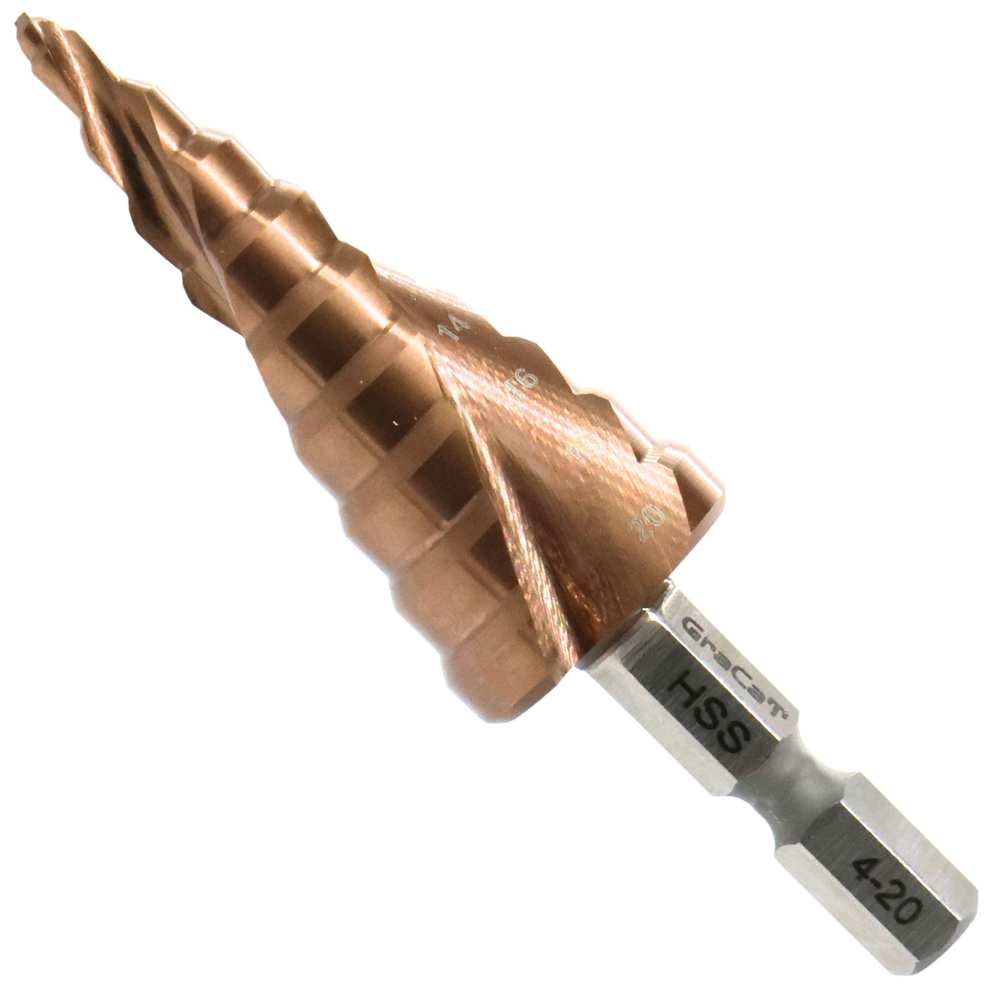 

Gracat HSS Zigzag Cut Step Impact Hex HSS AlTiN EASY BOOST Tip Model 14CZ00042T Drill, Shank, (9 Steps, 2mm), 4-20, Number