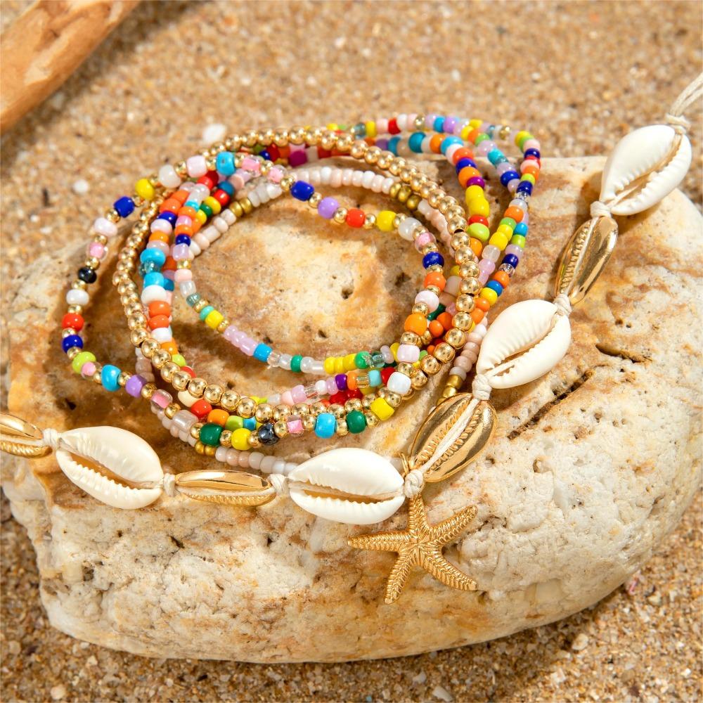 7pcs Charm Holiday Starfish Multi-layer Anklet Stretch Anklet Set Fashion Beach Jewelry