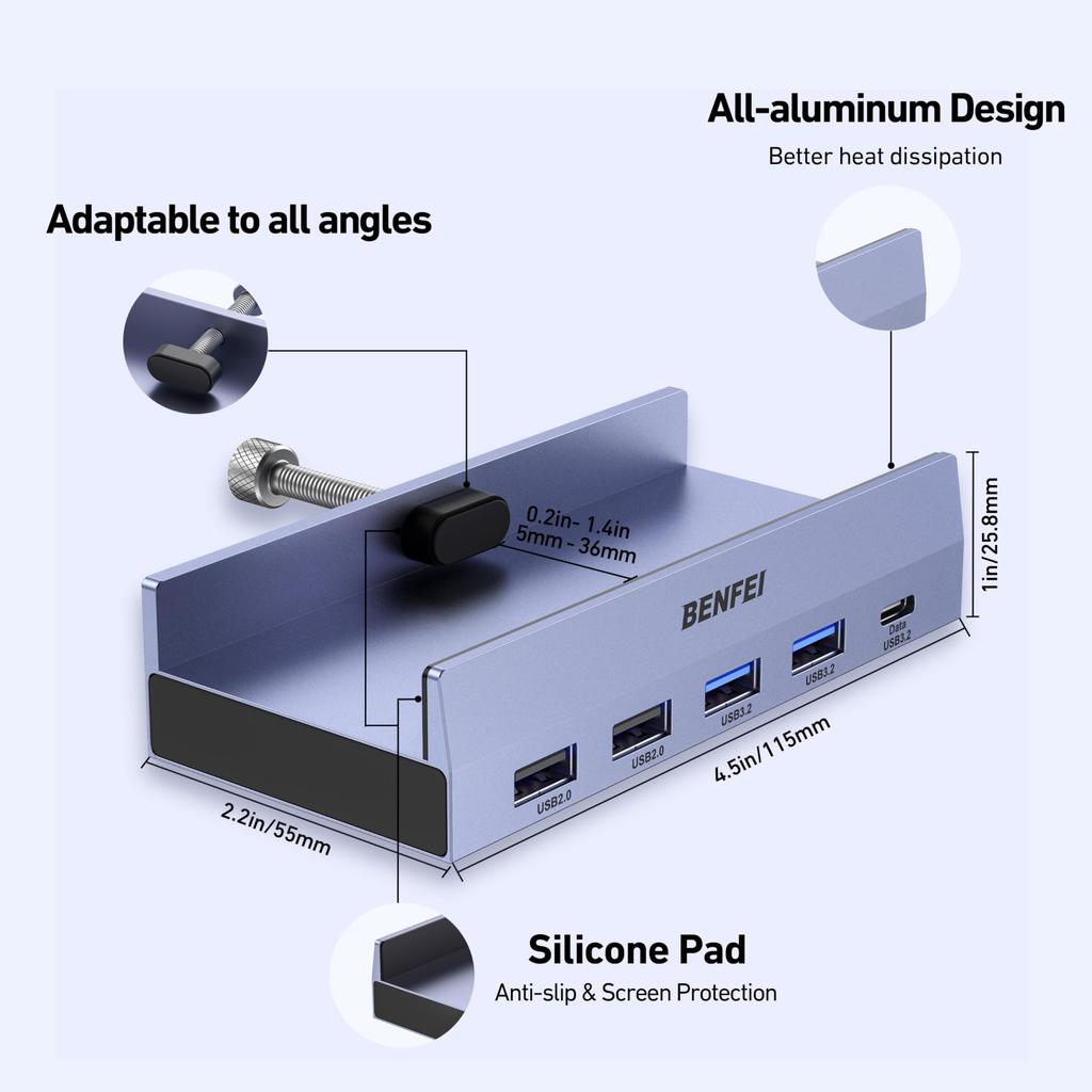 BENFEI USB C-hub med säker klämma Gigabit 100W PD 10Gbps 2 och 2 Kompatibel med iPad och XPS17 8-i-1 - 4K@60Hz HDMI, Ethernet, Laddning, USB-C,