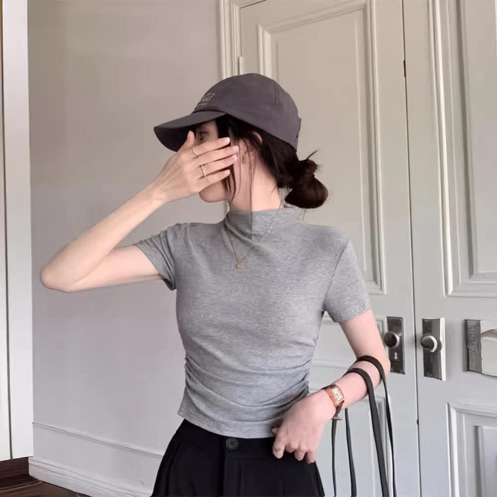 Women's Mock Neck Short Sleeve Tee Slim Fit Commuter Ruched Solid Color Polyester Crop Basic Layering Blouse Summer Daily Top