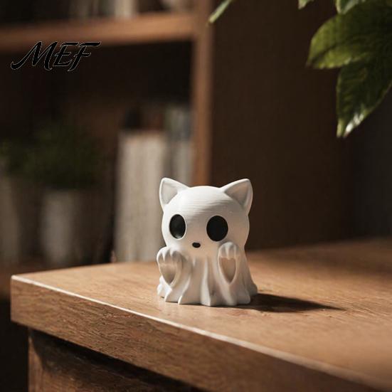 Handmade Graffiti Toy Halloween Ghost Cat Statue, 3D Printed Ornament, White DIY Painted Figurine Cute for Home Office Desk Decoration Craft Kit