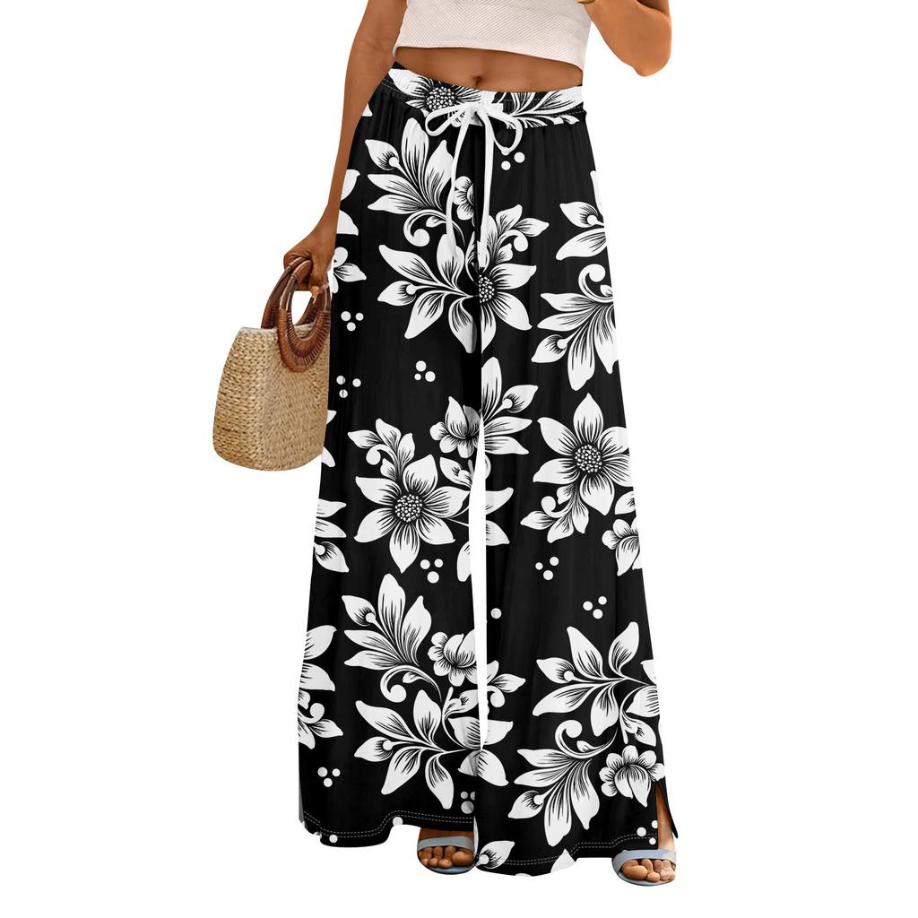 Women Summer Boho Palazzo Pants High Waist Wide Leg Floral Printing Casual Trousers With Pockets
