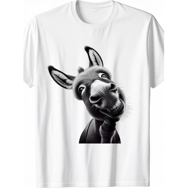 T-shirt da uomo bianca a maniche corte con girocollo, caratterizzata da una divertente grafica di un asino in bianco e nero con espressione sorridente esagerata, morbida