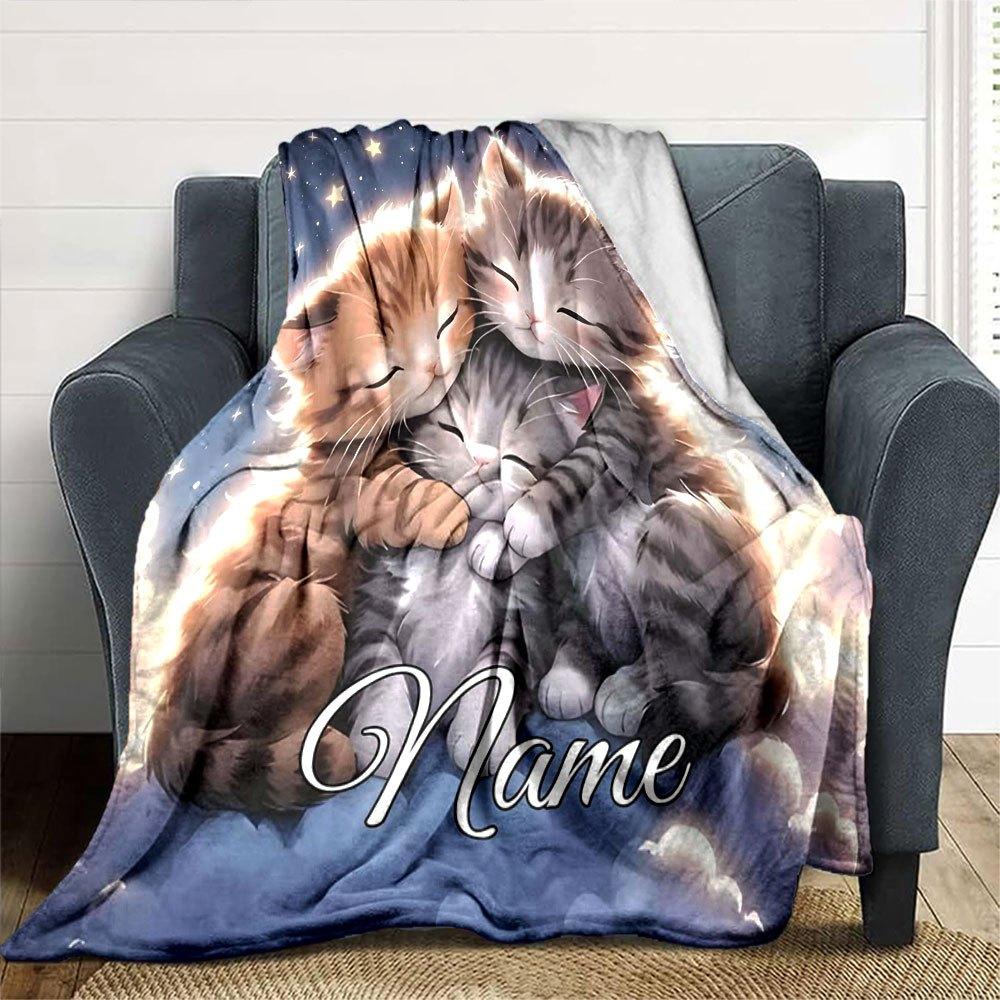 Adorable Kitten Sky Clouds Home Customize Your Name Blankets Soft And Cozy For All Seasons Perfect For Picnics Sofa Office Bed Living Room Ideal Gift