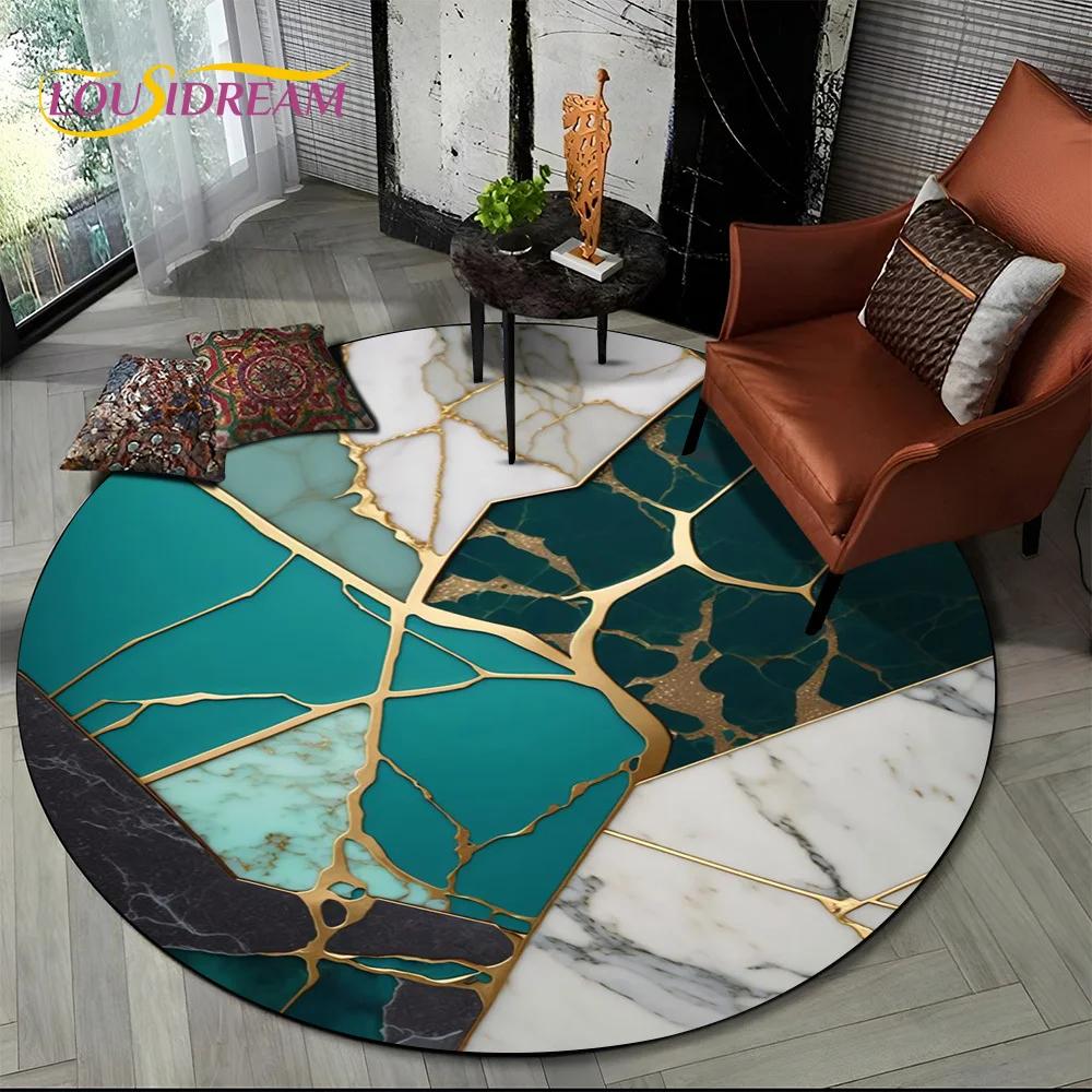 3D Colour Luxurious Marble Green Blue Gold Round Carpet Rug for Living Room Bedroom Child Chair Decor,Pet Area Rug Non slip Mat