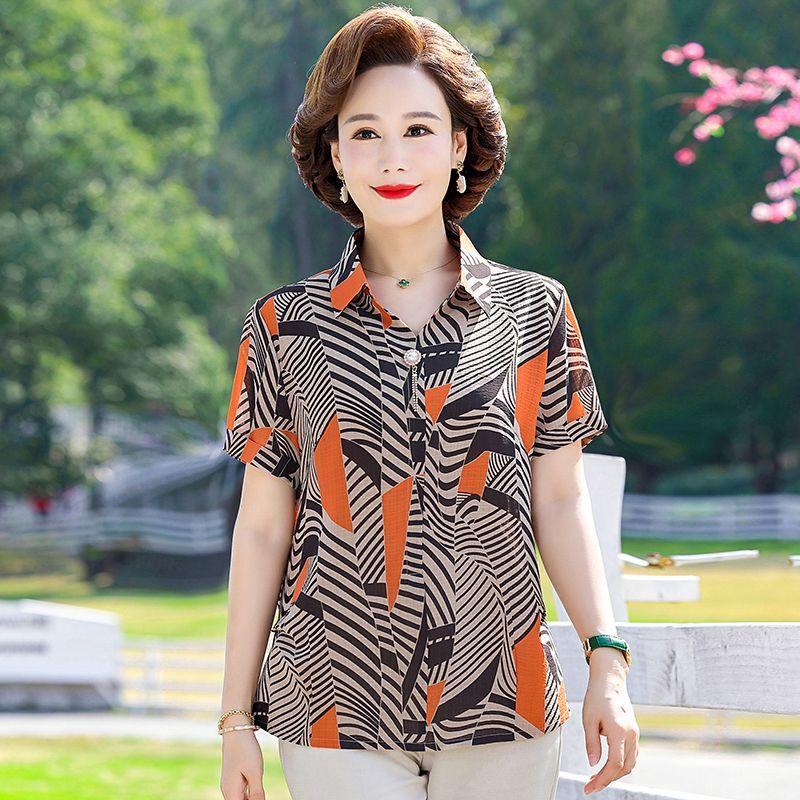 Mom Clothes Loose Short-sleeved Middle-aged and Elderly Women's T-shirt Shirt Fashionable Lapel Pullover Top