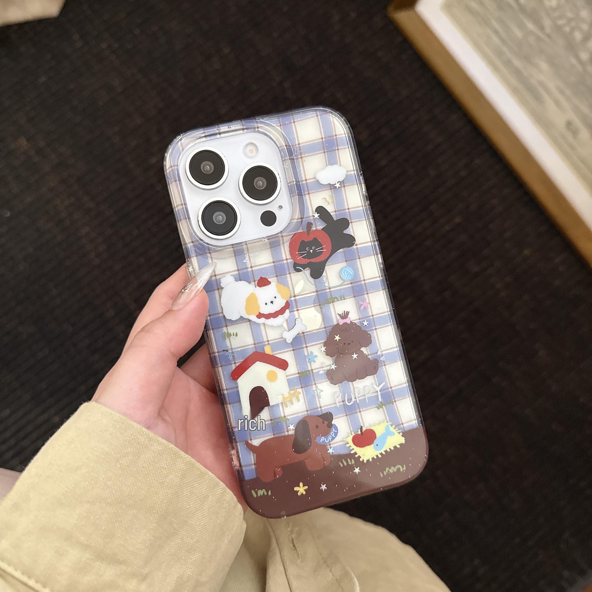 

iPhone 17/16 Pro Max Korean Style Cat & Dog Phone Case with Hand Strap iPhone 15 Pro Max