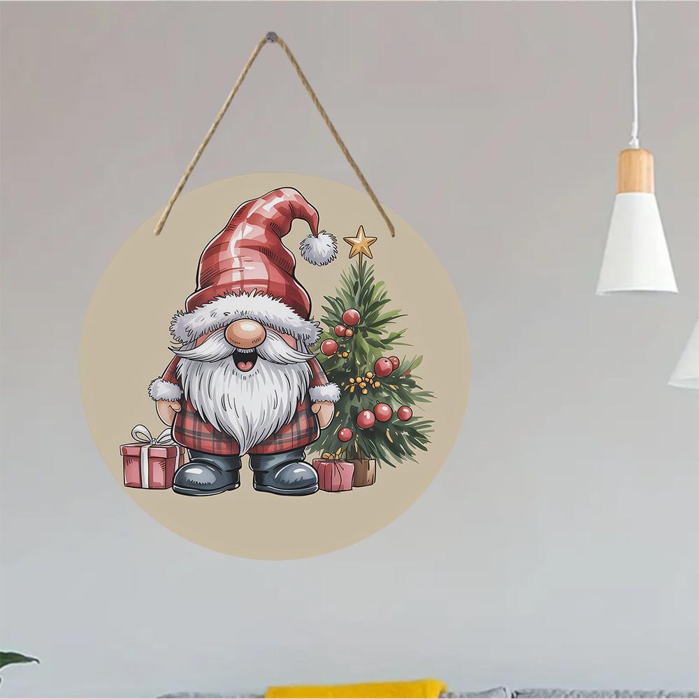 Vintage Christmas Gnome Print Round Wooden Hanging Plaque Natural Solid Wood Wall Sign Festive Indoor Door Decor Holiday Home Ornament