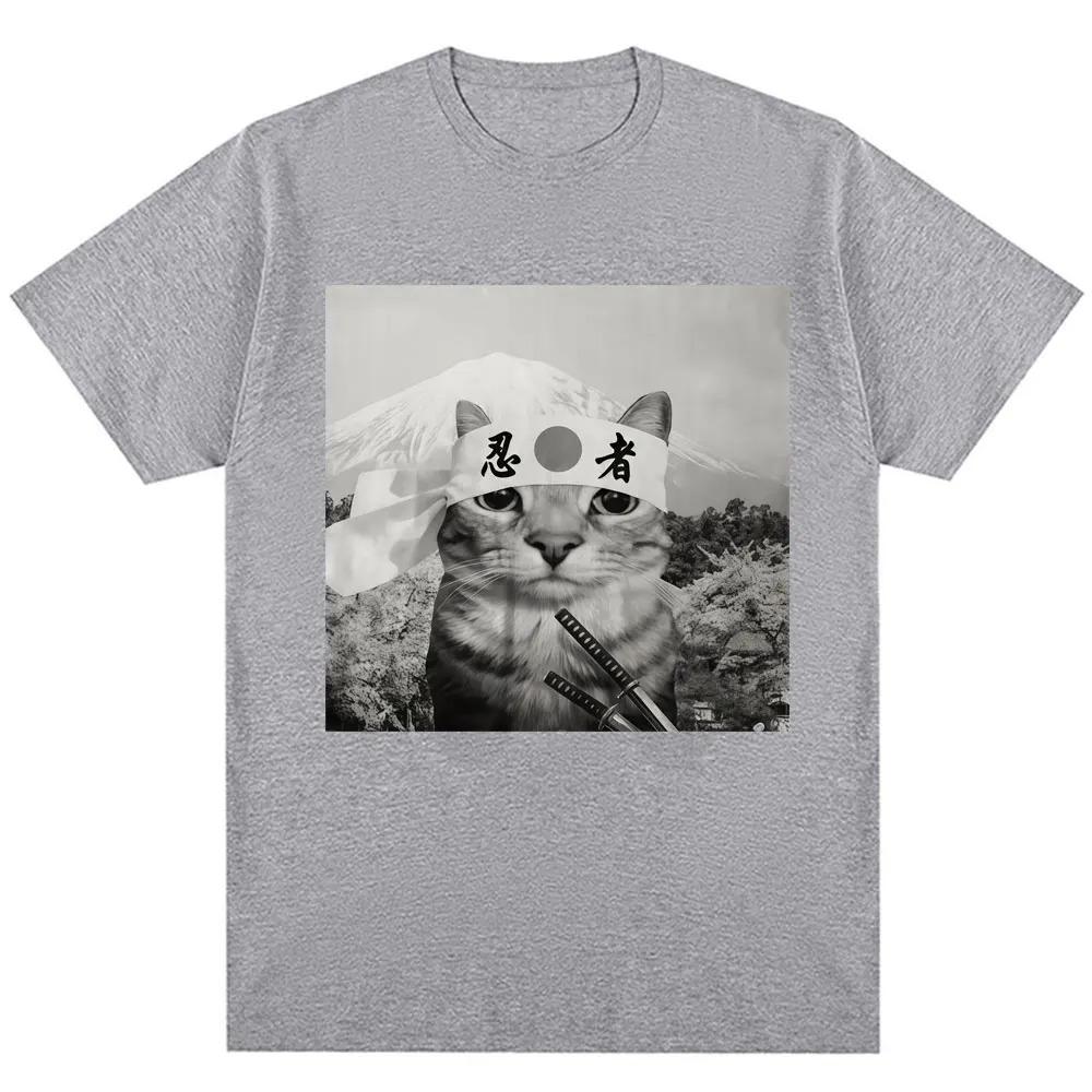 Funny Japanese Samurai Cat Meme Graphic TShirt Unisex Trendy Vintage Humorous Oversized 100 Cotton Casual Short Sleeve Tee