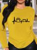 100% pure Polyester women's spring and autumn loose casual dog footprint and heart graphic printed long sleeved round neck T-shirt
