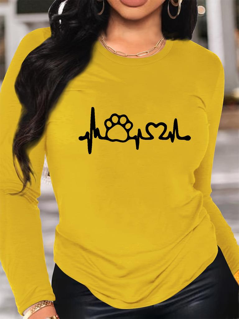 100% pure Polyester women's spring and autumn loose casual dog footprint and heart graphic printed long sleeved round neck T-shirt