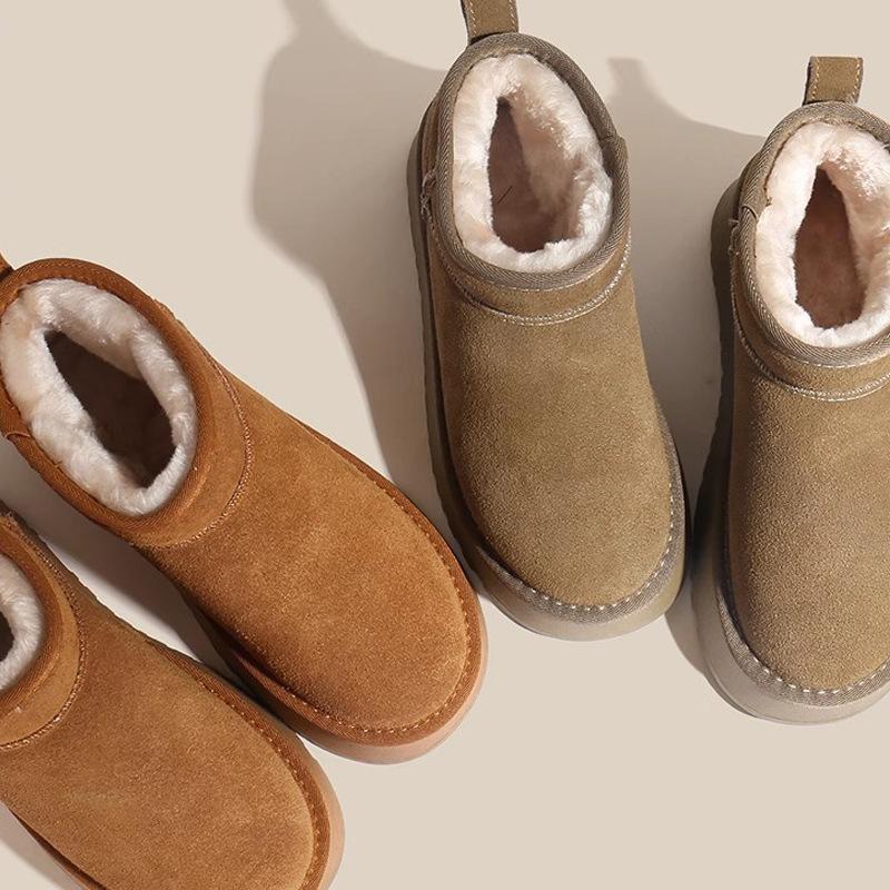 New Genuine Leather Elevator Thick-Soled Fur Snow Boots for Women Fleece-lined Thickened Non-Slip Warm Ankle Boots