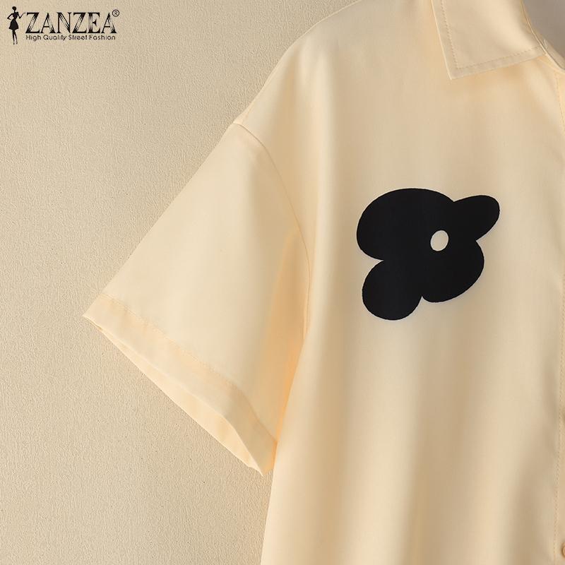 ZANZEA Women Turn Down Collar Floral Print Loose Short Sleeve Blouse