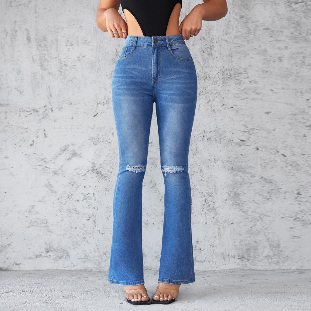 Broken Hole Pant Micro-laundry Women's Jeans Slim and Thin High-waisted Elastic Trousers
