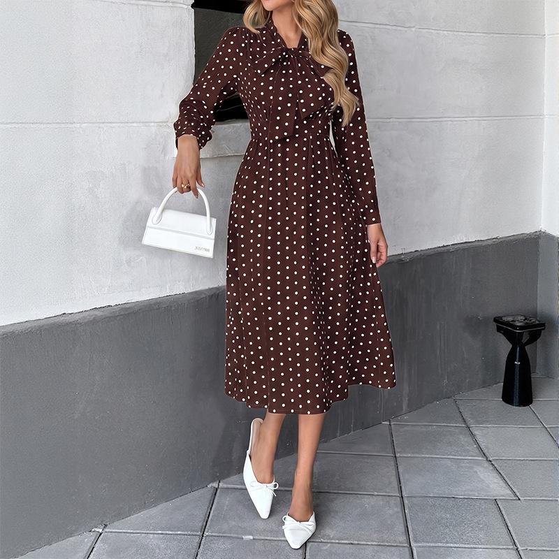 Herbst 2025 Retro Polka-Dot Midi-Kleid mit Schleifenkragen und langen Ärmeln