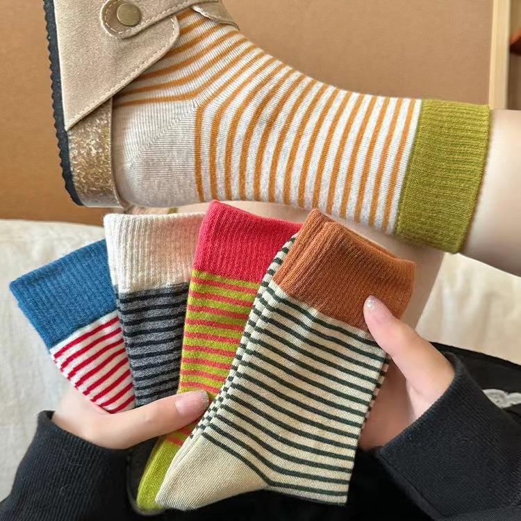 Korean Striped Cotton Mid-Calf Socks for Women - Spring/Autumn Trendy Long Socks, Summer Thin Style