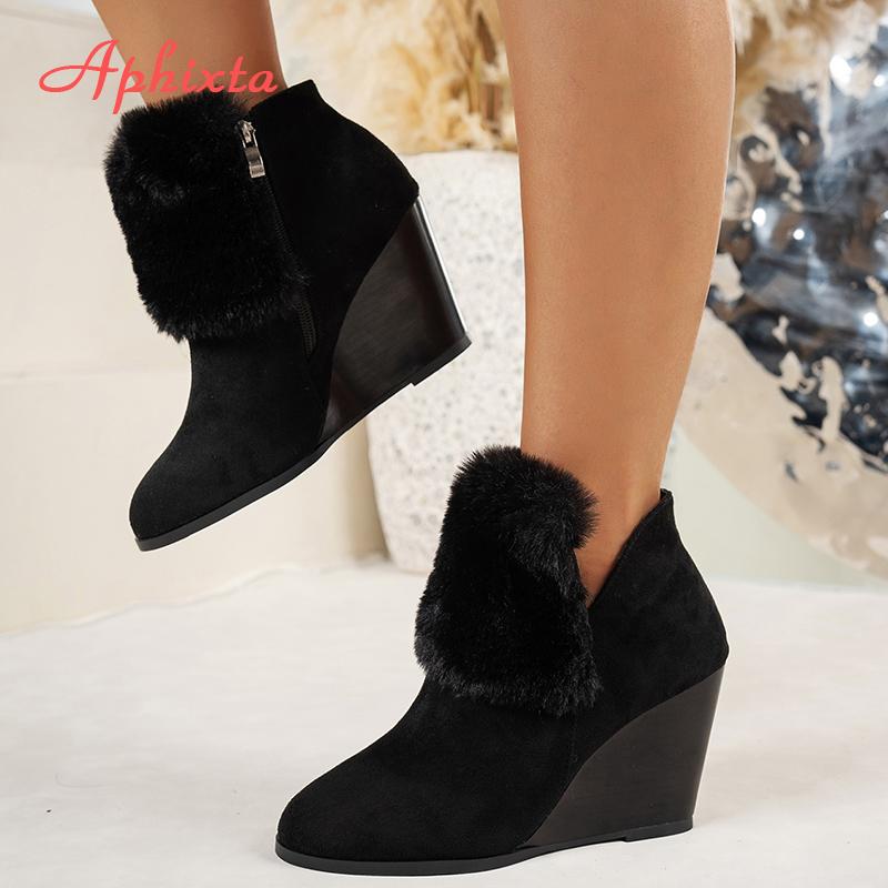 Fashion Aphixta Black Wedge Heel Modern Boots Soft Furry Ankle Boots Women Winter Boot Buckle Shoes Botas Mujer Botines Big Size 43