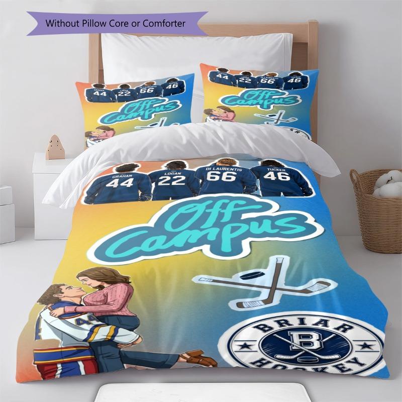 Off Campus Cartoon Couple Character Print 3 Pieces Duvet Cover Set Hockey Romance Theme Bedding Bedroom Home Decor Without Pillow Core