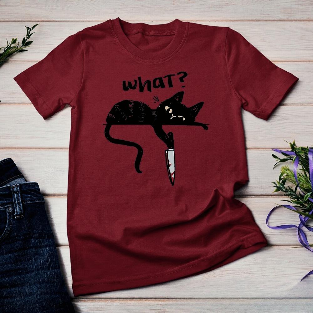 Black Cat with Knife Killer Funny Unisex T-shirt Creative Pattern Print Design T Shirt Men Women Casual Summer Short Sleeve