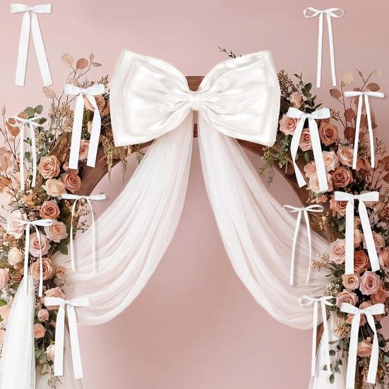16Pcs/Set Large Bow Kit Giant Pink White Bow with Mini Bows DIY Satin Tulle Bow Wedding Bridal Baby Shower Birthday Party Wall Hanging
