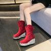 Fashion Printed Mid Calf Boots Women 2025 Autumn Platform Wedge High Heel Booties Fashion Women's Shoes Rhinestone Round Toe Short Botas