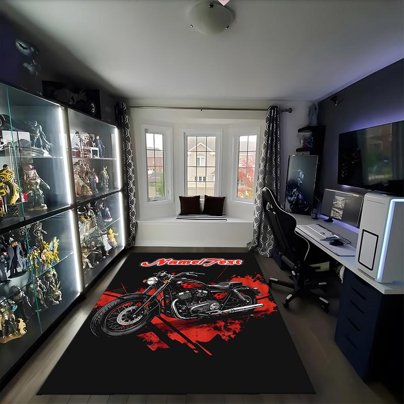 1PC Custom Name Retro Motorcycle Artwork Theme Floor Mat Ideal for Living Room, Game Rooms, Office, Bedroom,Floor Mat Playful Design