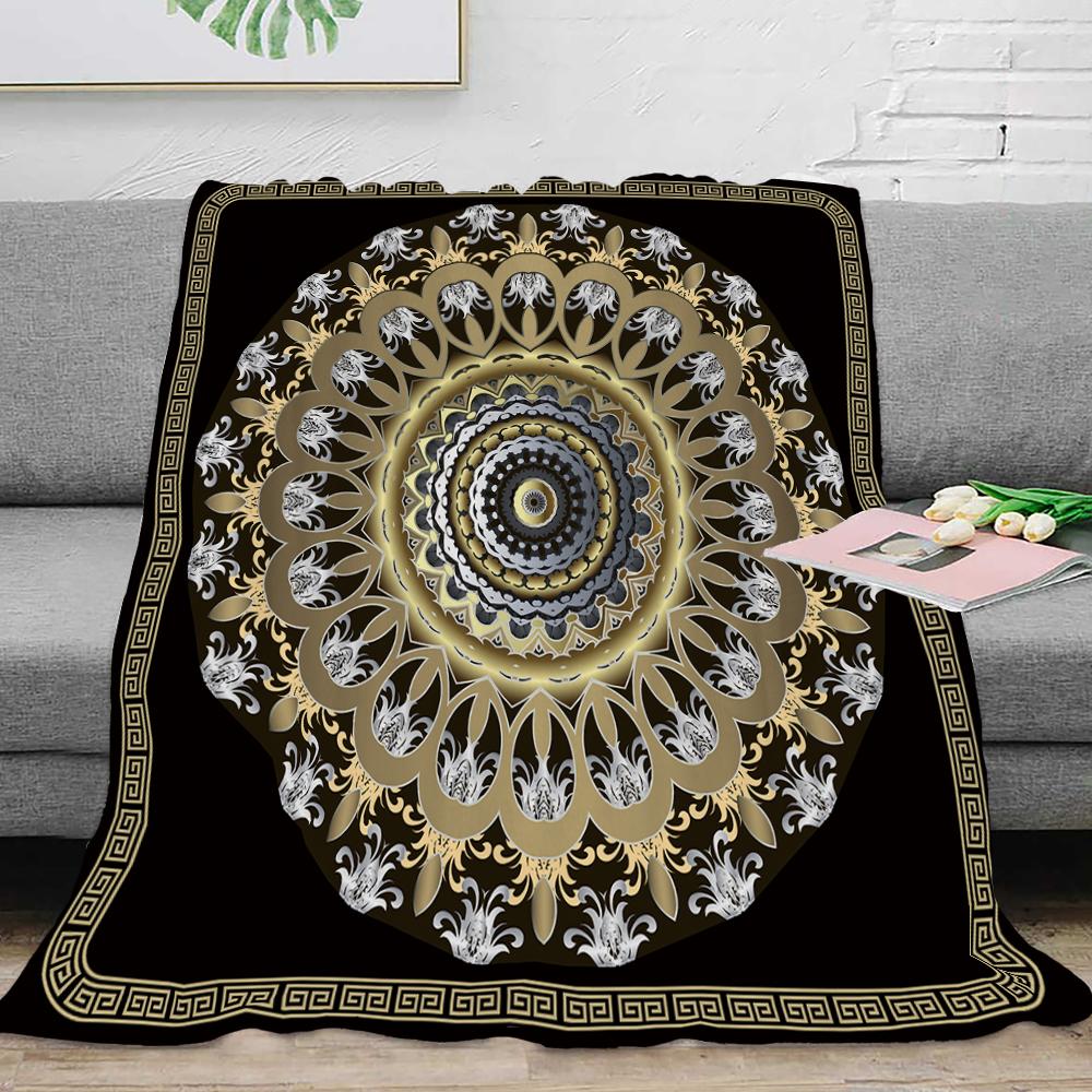 Couverture Plaid en Flanelle Luxe Noir Or Clé Grecque Méandre Baroque Douce Peluche Moelleuse Chaude Décoration Maison Couette Linge de Lit Cadeau