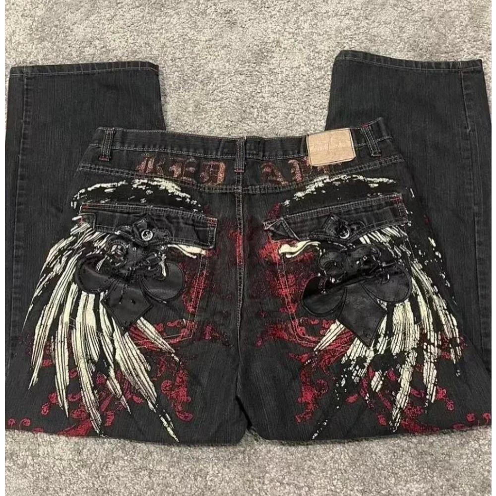 ZYLLO American Retro High Street Y2K Personalized Patchwork Letter Embroidered Jeans Gothic Fashion Wide-leg Denim Trousers