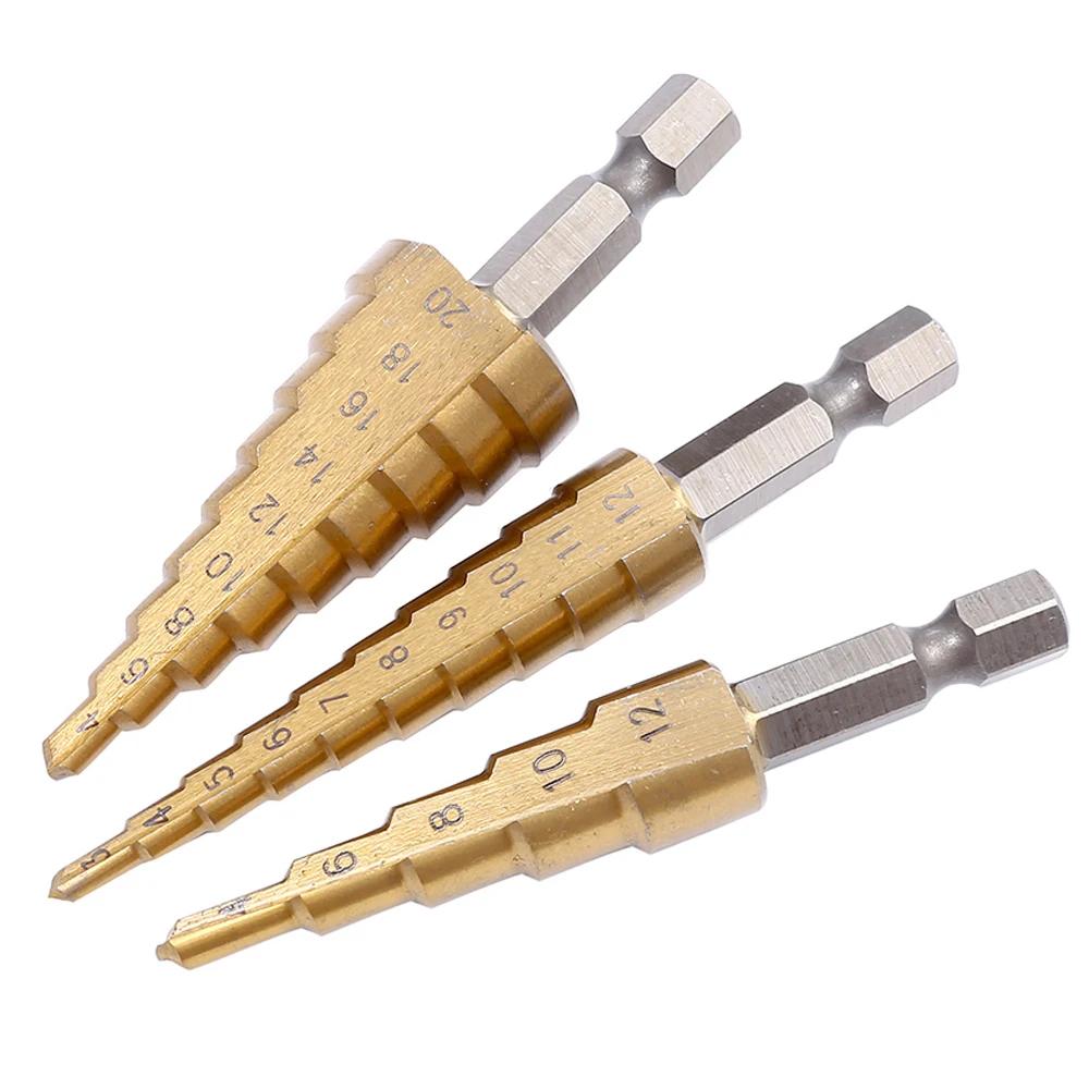 High Speed Steel Straight Groove Step Drill Bit Set, Titanium Coated Wooden Metal Hole Milling Cutter Core Drill Bit Set