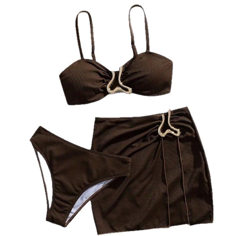 New women's sexy fashionable simple solid color irregular gold decorated three-piece bikini set