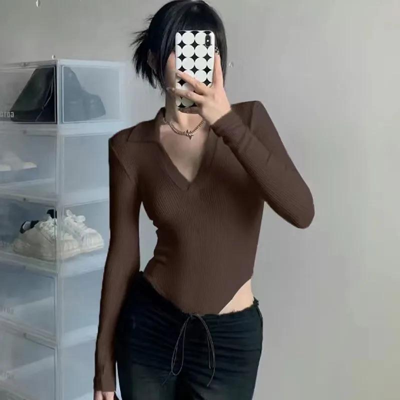 Deep V Long-sleeved Jumpsuit for Women Sexy Hot Girl Slim Fit Top Bottoming T-shirt