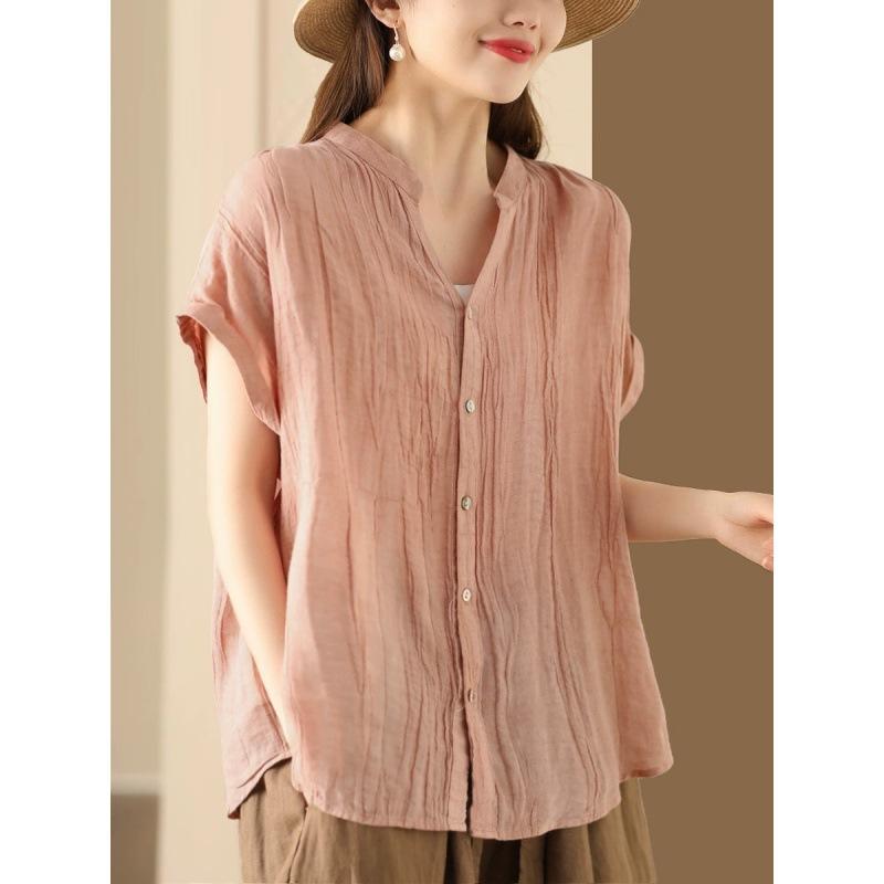 Sommer Retro Plissee Blusen & Hemden Kurzarm Damen Shirt V-Ausschnitt Strickjacke