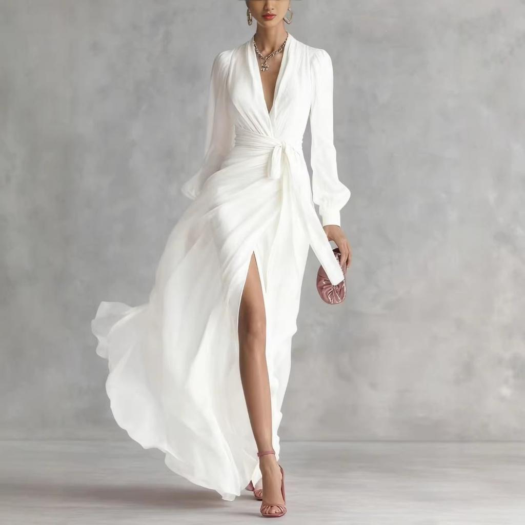 Europe, America 2026 spring and summer elegant V-neck waist chiffon dress cardigan slim dress