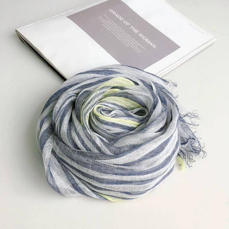 New Pure Linen Blue Striped Scarf for Women Fringed Men's Business Casual Dcorative Soft Linen Scarf