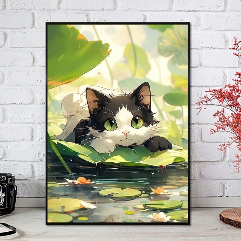 Cute Cat and Frog On The River Lotus Leaf Poster Modern Animals Canvas Painting Wall Art for Living Room Home Decor Mural